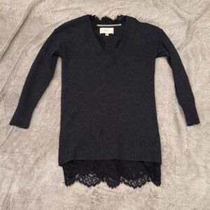 Brochu Walker Charcoal V-Neck Sweater Mini Dress with Lace Detail